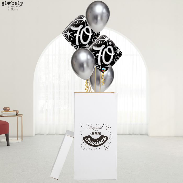 Caja GloBOOM con globos Diamond 70 Cumpleaños