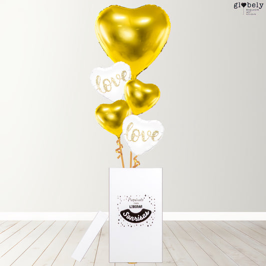 Caja GloBOOM con globos corazón pasión oro