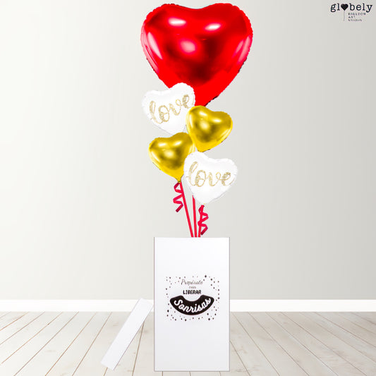 Caja GloBOOM con globos corazón pasión bicolor